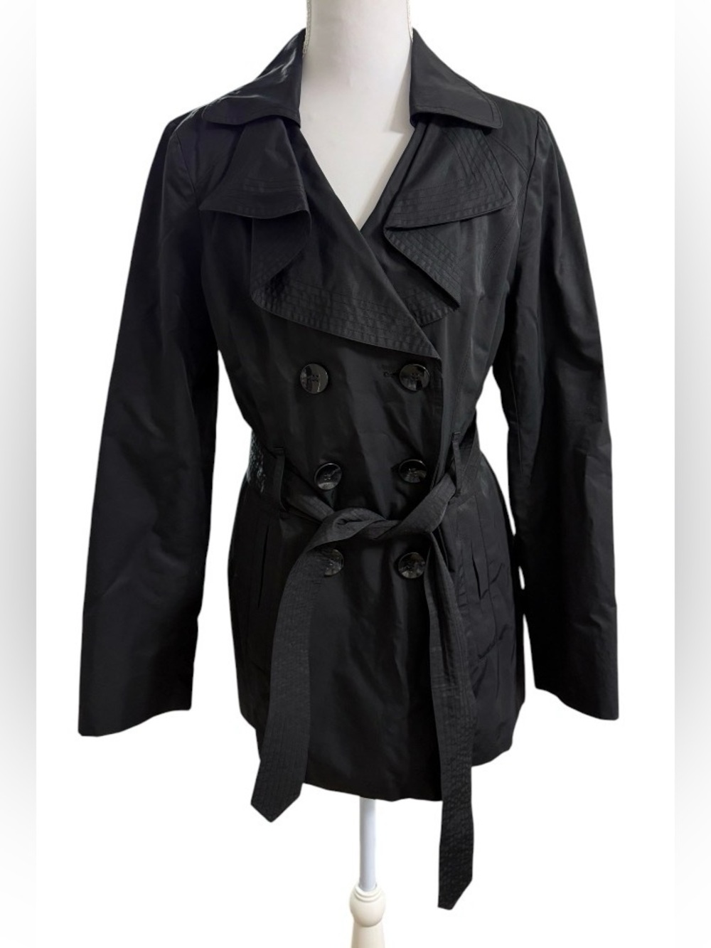LONDON FOG BLACK DOUBLE BREASTED TRENCH COAT BELTED WOMEN’S SMALL JACKET - Picture 3 of 14
